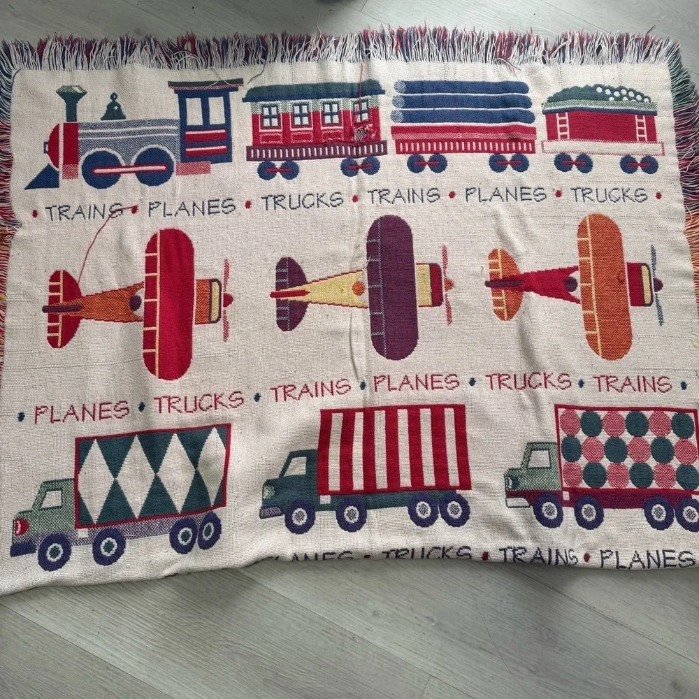 Pottery Barn Kids Vintage Woven Tapestry Throw Blanket Patterned Design Trains,
